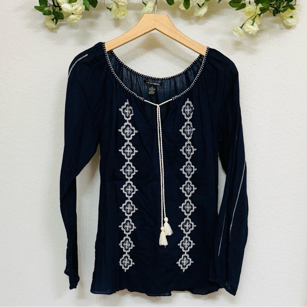 Lucky Brand • Navy Embroidered Tassel Tie Boho Peasant Blouse